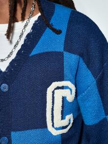 Modcrash Casual Loose Fit Button-Up Cardigan With Long Sleeve, V-Neck, Plaid Pattern, Letter Print, Streetwear Style, Suitable For Spring, Autumn, Winter - Blue - View 7