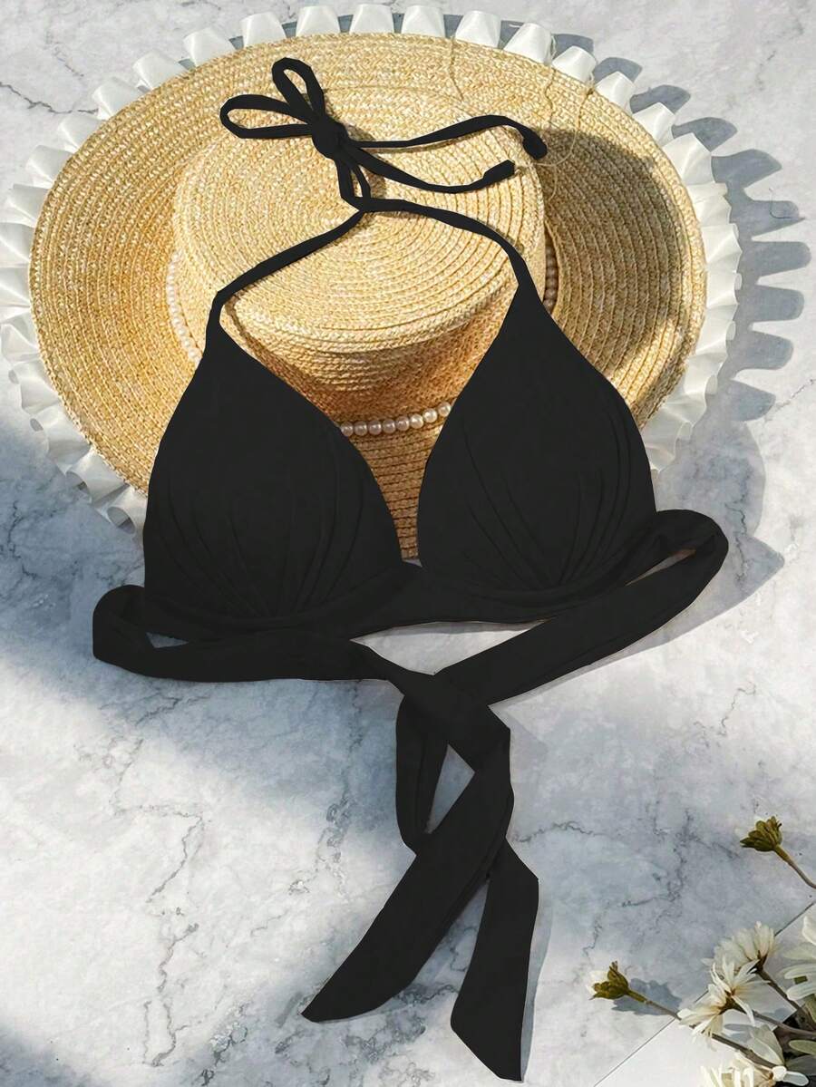 Swim Vcay 女士无肩带比基尼上衣（系带可拆卸，聚拢无钢圈） - 黑色 - 查看 1