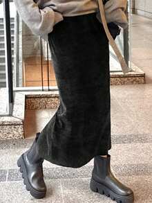 FRIFUL 女士丝绒直筒高开衩半身裙 冬季女装半身裙