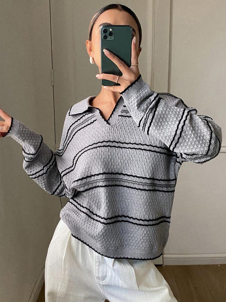 Women's Contrast Striped Loose Turndown Collar Long Sleeve Ruffle Casual & Formal Knit Sweater, Autumn/Winter