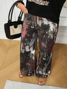 SHEIN LUNE Women's Fashionable Pocket Printed Straight-Leg Jeans Palazzo Pants Women Wide Leg Pants Boho Pants Pallazo Pants Women Silk Pants - Multicolor - View 7