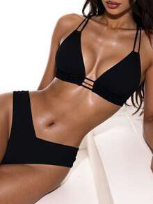 Oceva Women's Solid Color Minimalist Halter Neck Bikini - Black - View 4