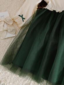 SHEIN Baby Girls' Ribbed Crew Neck Puff Sleeve Dress With Bow Waist, Ruffle Hem, Autumn/Halloween Holiday Occasion - Dark Green - View 5