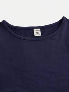 SHEIN Conjunto de top de punto ajustado de manga larga con cuello redondo y fruncido en azul marino, y pantalones acampanados, informal para niñas preadolescentes, adecuado para usar en casa y al aire libre