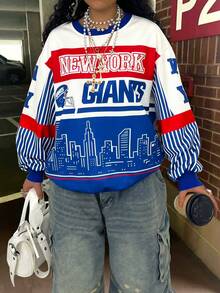 Rovax 女士休闲撞色条纹建筑印花圆领长袖卫衣，秋冬款 - 彩色 - 查看 3