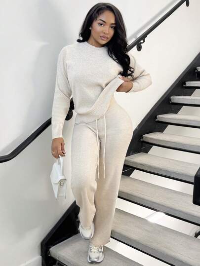 Alexandranx 2pcs Women Solid Color Round Neck Drop Shoulder Long Sleeve Sweater And Wide Leg Knit Pants Set, Autumn/Winter Fall Cloth For Women