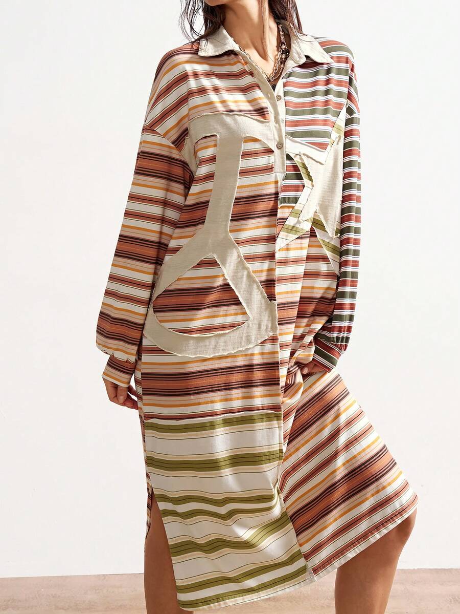 Bohemela Boho Beach Style Striped Patchwork Star & Peace Sign Pattern Women's Mid-Length Dress - Multicolor - View 1