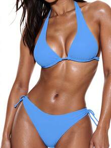 SHEIN Swim Solid Color Sexy Halter Tie Bikini Swimsuit, Underwire, Push-Up, Summer Beach - Blue - View 5