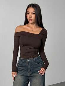 SHEIN PETITE Women's Casual Versatile White Solid Asymmetric Neck Ruched Long Sleeve Bodysuit - Brown - View 3