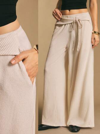 Poéselle 女士纯色腰带口袋阔腿宽松休闲裤