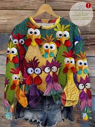 EMERY ROSE Casual minimalistische sweater met print, losse pasvorm, ronde hals en lange mouwen voor dames, plus size, dierenprint, kippenprint/leuke wintersweater, schattige truien