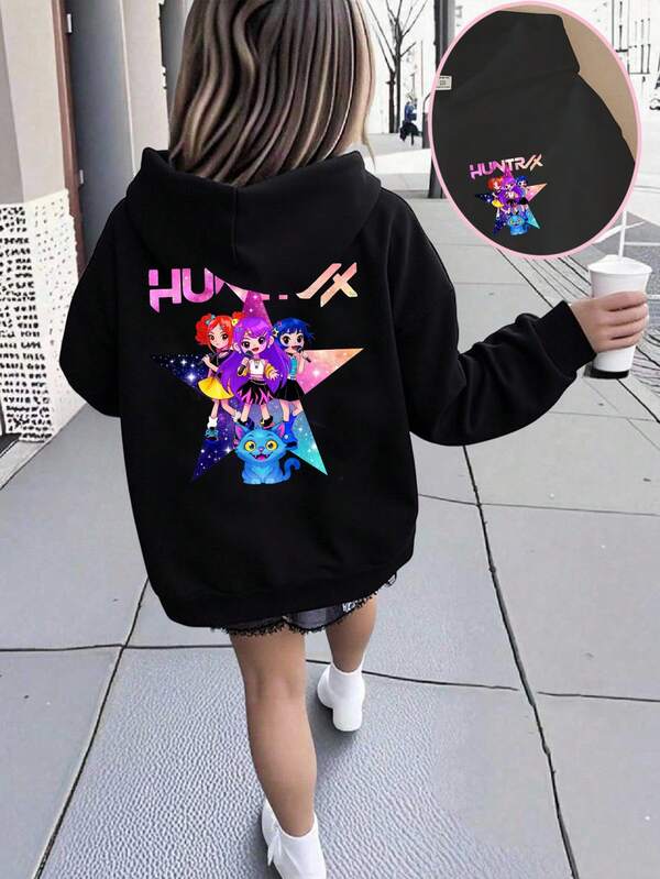 Girls' Hooded Long Sleeve Sweatshirt, 3 Girl Graphic Print, Casual & Fashionable For Autumn/Winter