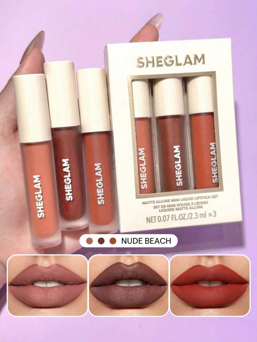 SHEGLAM Matte Allure 迷你液體唇膏套裝-Nude Beach 3 件套持久唇膏滋養向日葵油減少唇部細紋液體唇膏旅行套裝派對液體唇膏 品牌 美容 化妝 化妝品 適合女性與女孩 完美搭配冬季 Y2K 時尚 流行 生日禮物 假期 派對準備就緒 最佳顏色 - Nude Beach - 查看 1