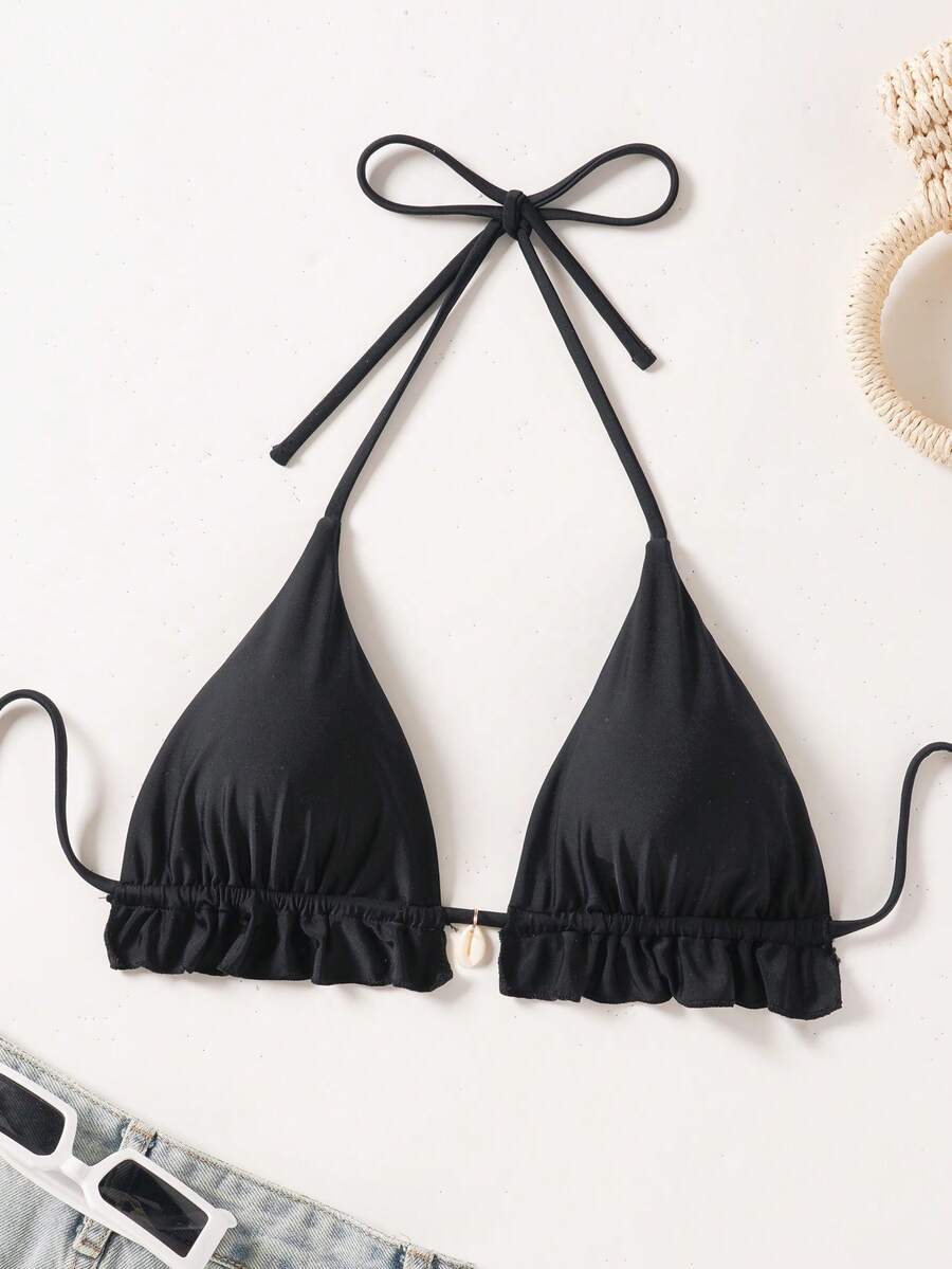 Swim Vcay Summer Beach Women's Halter Neck Bikini Top With Frill Trim