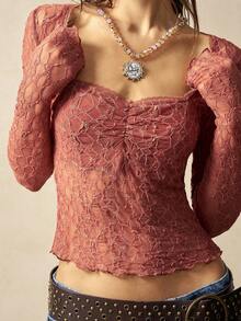 Bohemela Áo ren dệt kim tay dài màu trơn thường ngày dành cho nữ - Gỗ đỏ - Xem 1