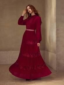 MOTF PREMIUM VESTIDO DE MUJER CON CINTURA CEÑIDA, ENCAJE PARCHE Y PLIEGUES EN FORMA DE A PARA OTOÑO/INVIERNO - Burdeos - Ver 4