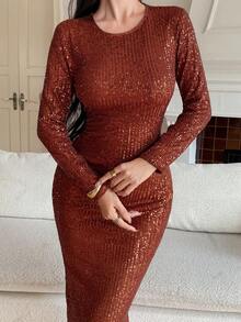 DAZY 闪亮亮片长袖连衣裙，优雅适合晚宴、派对、宴会、秋冬季舞会礼服、新年女士服装、嘉年华闪亮连衣裙、长款连衣裙 - 金色 - 查看 5