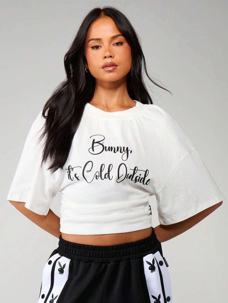 Missguided x Playboy Christmas Oversized Bunny It's Cold Outside Graphic Print Short Sleeve Crop T-Shirt Holiday Winter Tee