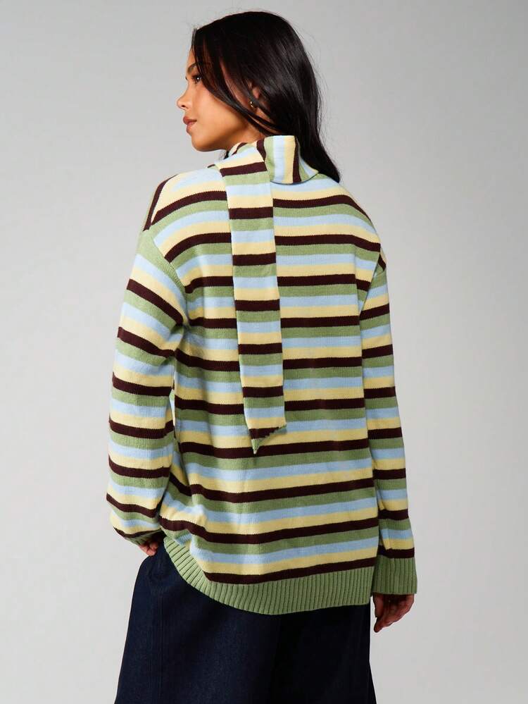 MISSGUIDED Oversized Striped Turtleneck Henley Sweater With Attached Scarf Detail Long Sleeve Knit Pullover