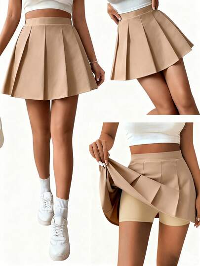 SHEIN Sparklyn Girls' Pleated High Waist Skirt With Built-In Safety Shorts, 2-In-1 Skirt Pants, Versatile For All Seasons, Can Be Paired With Shirts, T-Shirts, Polos, Hoodies, Jackets