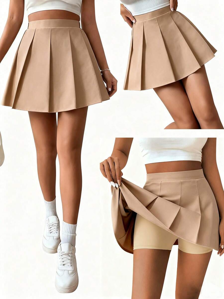 SHEIN Sparklyn Mädchen Plissee-Rock mit hoher Taille und eingebauter Sicherheitsshorts, 2-in-1 Rock-Hose, vielseitig für alle Jahreszeiten, kann mit Hemden, T-Shirts, Polo Shirts, Hoodies, Jacken kombiniert werden - Khaki - Übersicht 1