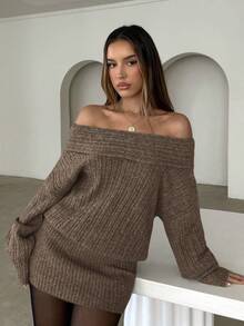 Aloruh Đầm ôm body ngắn hở vai thanh lịch và gợi cảm cho nữ, tay dài, màu trơn - Màu Khaki - Xem 6
