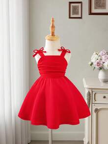 Sweetra Baby Girls' Fashion Elegant Solid Color 3D Bow Shoulder Ruched Strap Dress, Suitable For Outdoor Formal Occasions And Parties, Spring/Summer