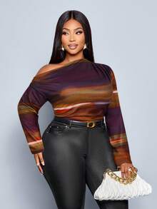 SOLERSUN Áo thun tay dài in họa tiết nhuộm loang bất đối xứng cỡ lớn dành cho nữ, vai xéo thời trang, mặc thường ngày (Họa tiết ngẫu nhiên) - Màu tím - Xem 5