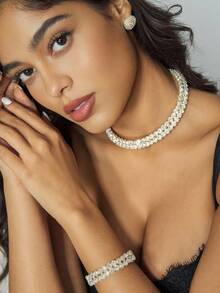 CUCCOO SZL 3pcs Set Bling Rhinestone Multi-Layer Necklace, Earrings, Bracelet & Choker Jewelry Set Bridal Wedding Gift