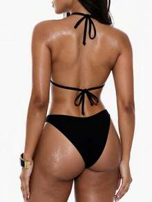 Swim Basics Women's Solid Color Halter Tie Sexy Bikini Swimsuit Set, Summer Beach