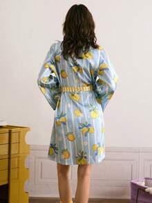 Chillnights Bata suelta y cómoda de mujer con cinturón, estampado de limón y rayas de color block, de satén, para otoño e invierno