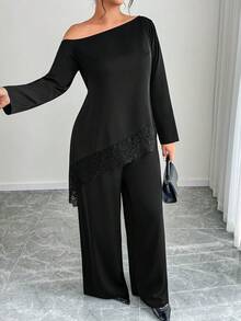 Elenzga Herbst und Winter Große Größen Damen Zweiteiler mit asymmetrischem rückenfreiem Top mit Spitzenbesatz, elegantes Abend-Cocktail-Outfit mit Langarmhemd und Hose, geeignet für festliche Anlässe, Hochzeitsgäste Frühling Sommer Herbst, Off-Shoulder Top - Schwarz - Übersicht 6