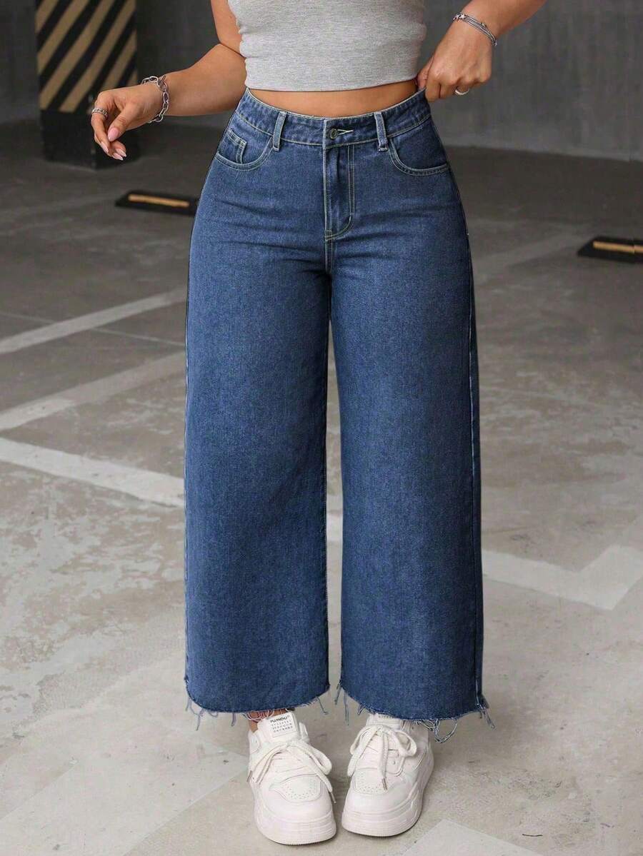 SHEIN ICON Celana Jeans Longgar Kasual Wanita Ukuran Besar dengan Saku dan Ujung Berumbai - Medium Wash - View 1