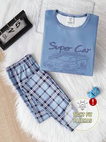 Áo thun bó cổ tròn tay dài màu xám và xanh vẽ tay họa tiết xe thể thao dành cho bé trai tuổi teen, kết hợp với quần ôm vừa vặn, đồ mặc nhà thoải mái cho mùa đông - Màu xanh lam - Xem 5