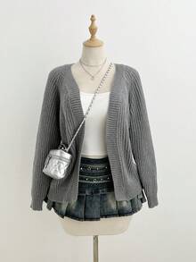 Flirla Áo len cardigan dài tay màu trơn đơn giản phong cách thoải mái cho nữ, áo dài tay - Màu xám đen - Xem 7