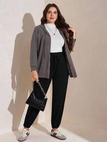 SHEIN LUNE Plus Size Women's Solid Color Ruffle Waist Tie Casual Jogger Pants