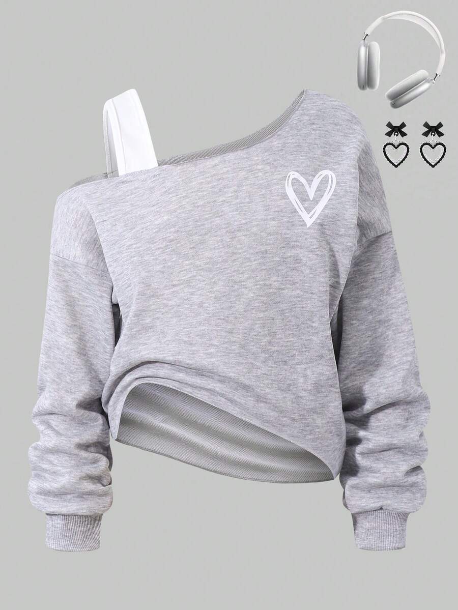 Sparklyn Tween GirlsBow Print Asymmetric Off-Shoulder Asymmetrical Hem Casual Sweatshirt - Grey - View 1