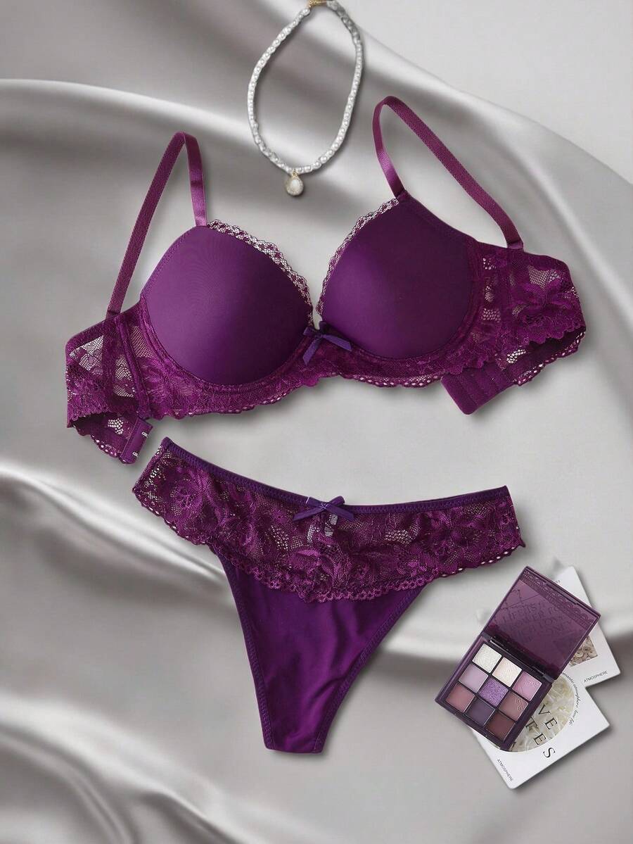 SHEIN 女士钢圈蕾丝边蝴蝶结装饰文胸和内裤套装，内衣 - 紫色 - 查看 1