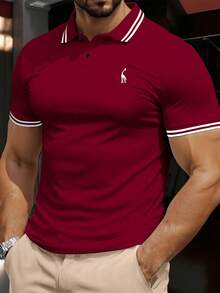 Manfinity Dauomo 男式纯色拼布前扣短袖休闲 Polo 衫 - 酒紅色 - 查看 1