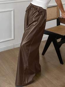 DAZY Quần ống rộng nữ màu trơn chất liệu PU, cạp chun có dây rút và túi, kiểu dáng Y2K. - màu nâu - Xem 6