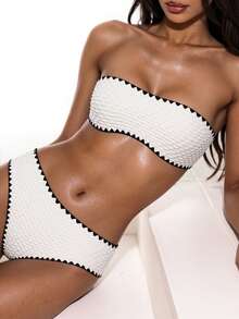 Swim Basics Summer Beach Ladies' Textured Bikini Set Wedding - Beige - View 5