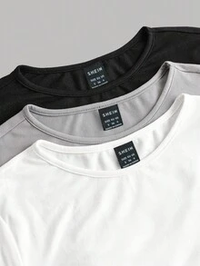 SHEIN EZwear 3 件套女士休闲圆领长袖 T 恤套装，内置衬垫，百搭百搭，秋冬，优雅，复古，可爱，复古，休闲修身女装，复古，柔美，居家，背景 - 彩色 - 查看 5