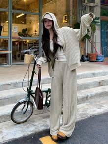 DAZY Ensemble 2 pièces pour femmes, veste à capuche de couleur unie décontractée et pantalon large, ensemble de loisirs automnal pour femmes