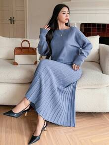 DAZY Women's Elegant Solid Color Sweater & A-Line Skirt 2 Pieces Set, Autumn - Blue - View 7