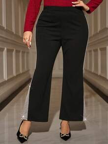 EMERY ROSE Plus Size Sequin Decor Casual Pants Christmas New Year Elegant Women's Pants Stylish Women's Pants Stylish Collection Sequin Sequin Black Pants New Year Christmas For Women Winter For Women Flared Leggings For Women - Black - View 5