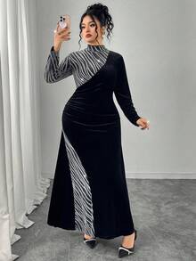 Modelyn 大码女式立领长袖天鹅绒拼接优雅派对连衣裙，秋冬 - 黑色 - 查看 4