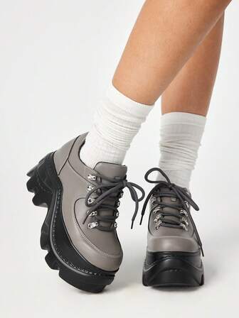 Grunge Punk Scarpe da donna in stile Y2K punk rock con lacci e catene, mocassini neri, Mary Jane piatte con lacci, scarpe formali da lavoro, con plateau e tacco a zeppa