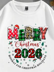 Manfinity Homme 男士白色 2026 新年聖誕快樂圖案印花保暖內裡圓領運動衫，休閒秋季家庭/情侶搭配，修身版型 - 白色 - 查看 3