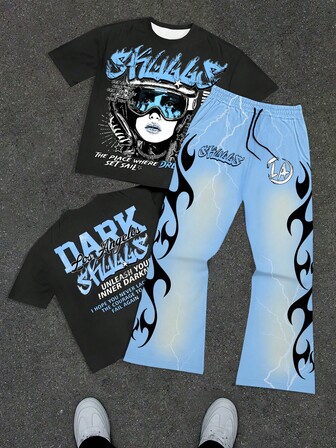 Manfinity Roghcode 2pcs Men Portrait & Letter Graphic Casual Round Neck Short Sleeve T-Shirt And Flared Leg Pants Set, Summer T-Shirt And Flared Pants 2 Pieces Outfit Graphic Tee And Pants Set