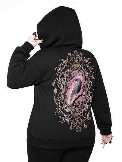 Goth Plus Size Vintage Gothic Raven Frame Print Loose Sweatshirt Sweatshirt